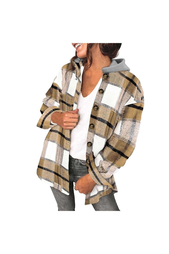 2024 Shackets for Women Casual Plaid Button Down Long Sleeve Hooded Shirt Jackets Open Front Fall Clothes Tartan Outwear Coats