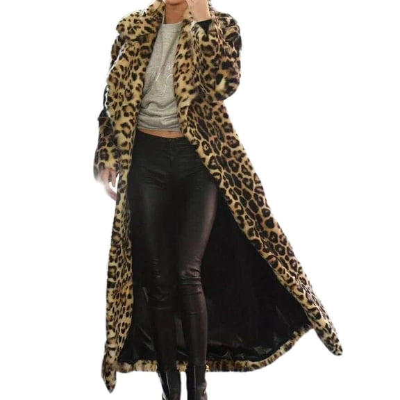 lcziwo 2024 Women's Elegant Vintage Leopard Print Lapel Faux Fur Long Maxi Coat Jacket Fuzzy Fleece Open Front Cardigan Outwear