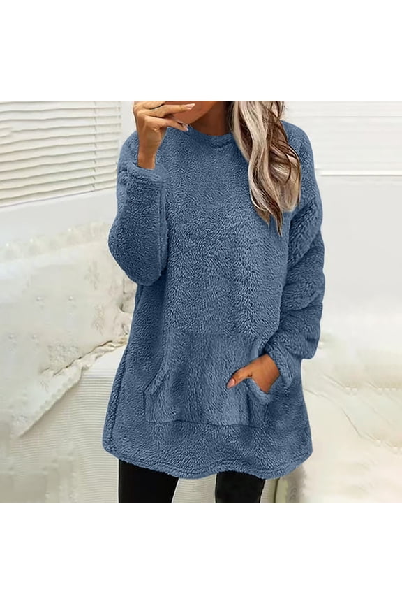 2024 Womens Fuzzy Sherpa Fleece Sweaters Casual Crewneck Sweatshirt Pullover Plain Casual Loose Cozy Winter Loungewear with Pockets