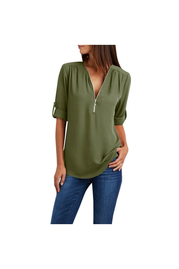 2024 Womens Short Sleeve Zipper V Neck TopsLadies Tunic Shirt Blouses Tees Summer Chiffon Comfy Plus Size T Shirt
