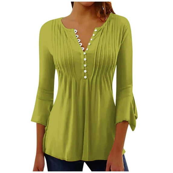 lcziwo 3/4 Bell Sleeve Tunic Tops for Women Buttons V Neck Elegant Belly Hiding Blouses Solid Color Pleated Loose Fit Tunic Tees Casual Trendy Summer 2025 Shirts Green,S
