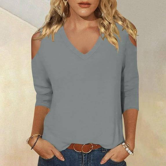 lcziwo 3/4 Length Sleeve Cold Shoulder Womens Tops Solid Color Dressy Casual Loose Fit V Neck Pullover Tees Summer Basic Shirts Tunic Blouse 2025 Gray,XXL