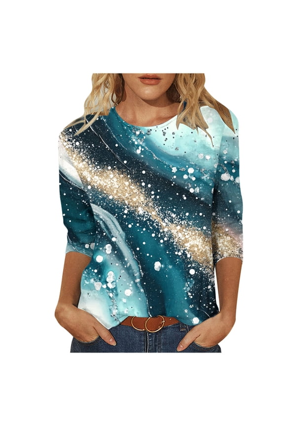 3/4 Length Sleeve Shirts for Women Fashion Marble Print Blouses Round Neck Basic Daily Tees Casual Trendy Summer 2025 Tunic Tops Sky Blue,XXXL