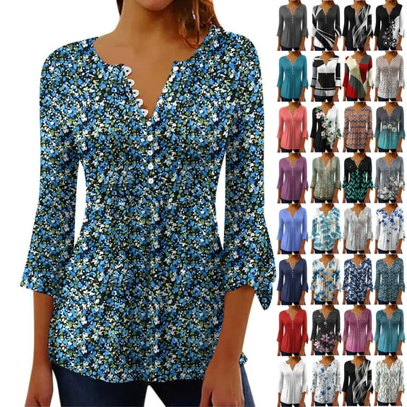 lcziwo 3/4 Length Sleeve Womens Tops 2025 Floral Print Vintage V Neck Pleated Tunic Dressy Casual Button Henley Shirt Blouses Weekly Sales Red XL