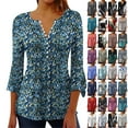 thumbnail image 1 of lcziwo 3/4 Length Sleeve Womens Tops 2025 Spring Henley Neck Tunic T Shirts Fashion Geometric Print Pleated Bell Blouses Vacation Outfits Multicolor M, 1 of 9
