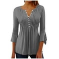thumbnail image 1 of lcziwo 3/4 Sleeve Belly Hiding Tops for Women Loose Fit Casual Trendy Summer 2025 Blouses Pleated Solid Color V Neck Button Down Soft Comfy Tunic Tees Gray,L, 1 of 5