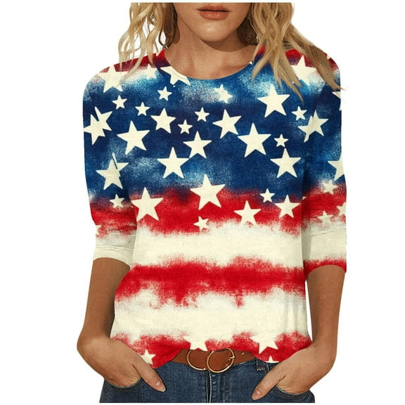 lcziwo 3/4 Sleeve T Shirts for Women Plus Size 4th of July Round Neck Blouses Star and Stripes Print Retro Shirts Casual Dressy Summer 2025 Holiday Tees Red,L