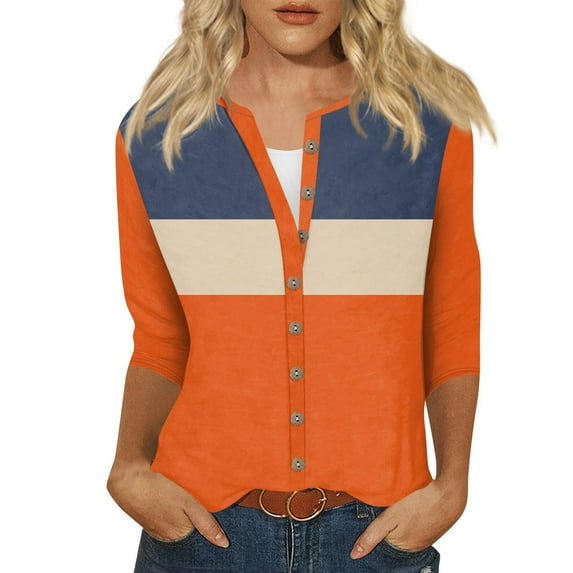 lcziwo 3/4 Sleeve Tops for Women Summer Notched V Neck Cardigan Plain Color Block T Shirts Casual Cute Three Quarter Length Dressy Tunic Blouses 2025 Orange,S