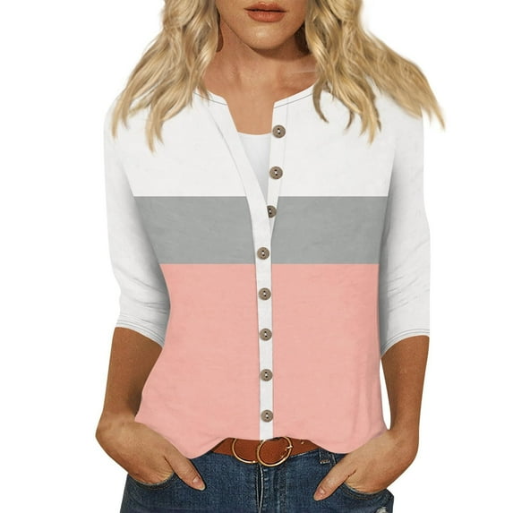 lcziwo 3/4 Sleeve Tops for Women Summer Notched V Neck Cardigan Plain Color Block T Shirts Casual Cute Three Quarter Length Dressy Tunic Blouses 2025 Watermelon Red,XL