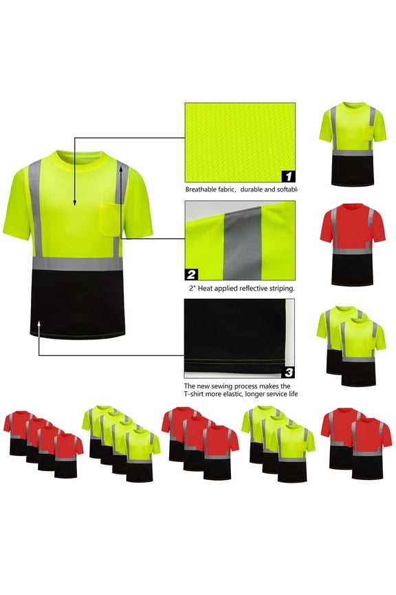 3 Pack High Visibility Shirts for Men Class 3 Hi Vis Reflective Construction Work Tops Quick Dry Safety Shirts with Pocket, Green, XXL