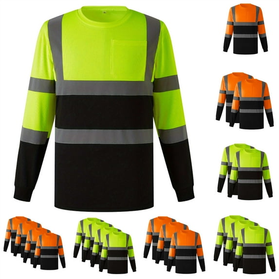 lcziwo 4 Pack Safety Tops for Men High Visibility Long Sleeve Crewneck Shirts with Reflective Stripe Mesh Moisture Wicking Outdoor Work Clothes, Yellow, XXXL