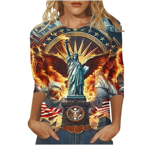 lcziwo 4th of July Golf Shirts Women Casual Dressy Summer 2025 Blouses 3/4 Length Sleeve Crew Neck Tops Stars Striped Print Tees Multicolor,M
