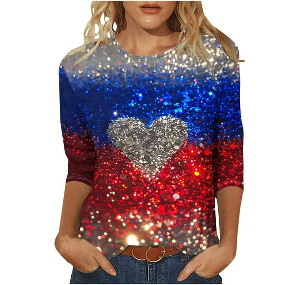 lcziwo 4th of July Plus Size Shirts Women Vintage American Flag Graphic Print T Shirts Three Quarter Sleeve Round Neck Blouses 2025 Multicolor,XXXL