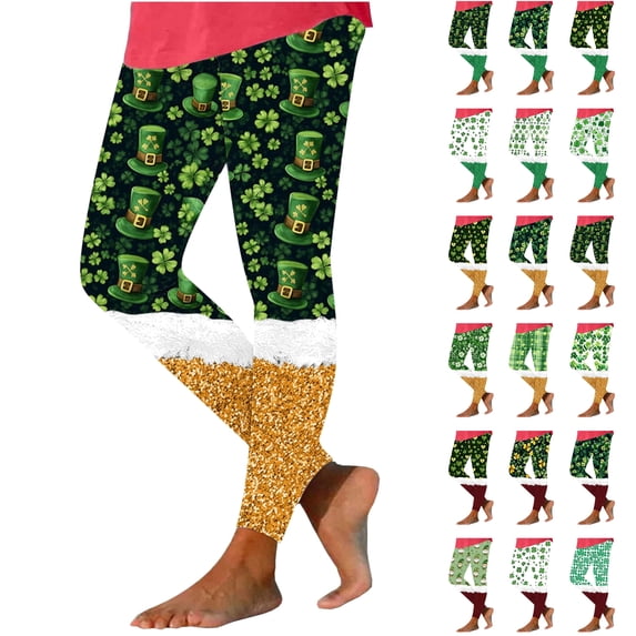 lcziwo 50% Percent off Sales Today, St Patricks Day Leggings for Women Casual Stretchy High Waisted Yoga Pants Funny Shamrock Print Running Leggings Full Length Tight Trousers Gold S