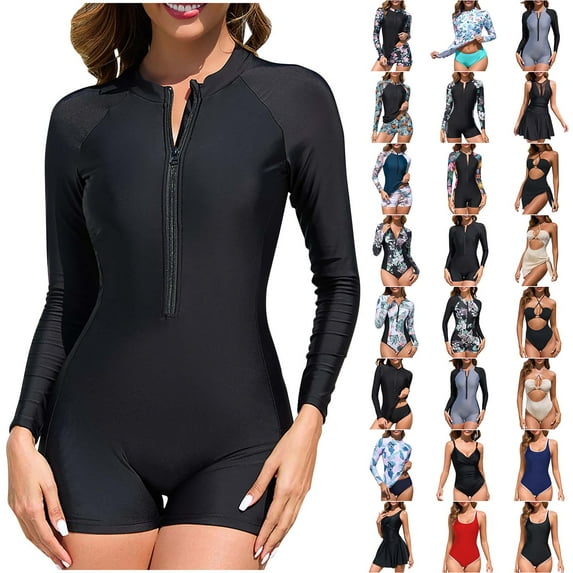 lcziwo 90 off Clearance Sale Womens 1/2 Front Zipper Surfing Swimsuits One Piece Long Sleeve Wetsuits 2025 Summer Track Athletic Bathing Suit Vacation Beach Outfits Gray XL