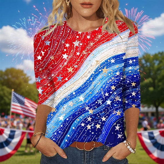 lcziwo American Flag Shirt for Women Plus Size Cotton Comfortable Summer 3/4 Sleeve T-Shirt Patriotic Graphic 250th Crew Neck Tee Red S