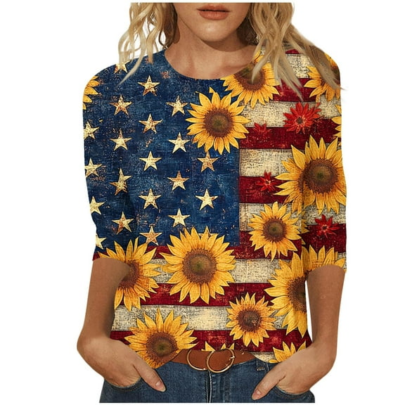 lcziwo American Flag T Shirt Women 3/4 Length Sleeve Crew Neck Tops Star Striped Patriotic Print Happy Independence Day Tees Yellow,M