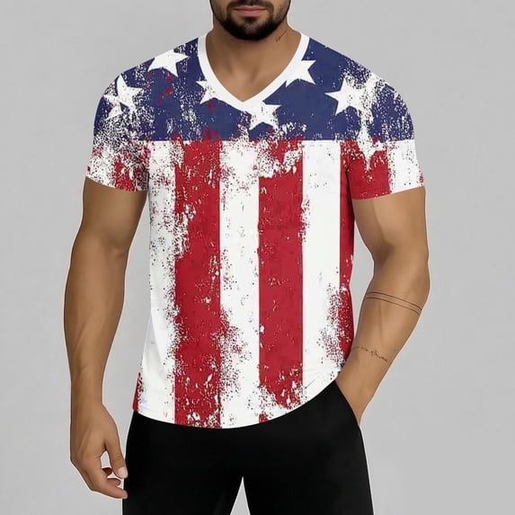 lcziwo American Flag Tshirt for Men Big and Tall Cotton Comfy Summer Lightweight V Neck Tee Independence Day Print 250th Short Sleeve Blouse Blue XXL
