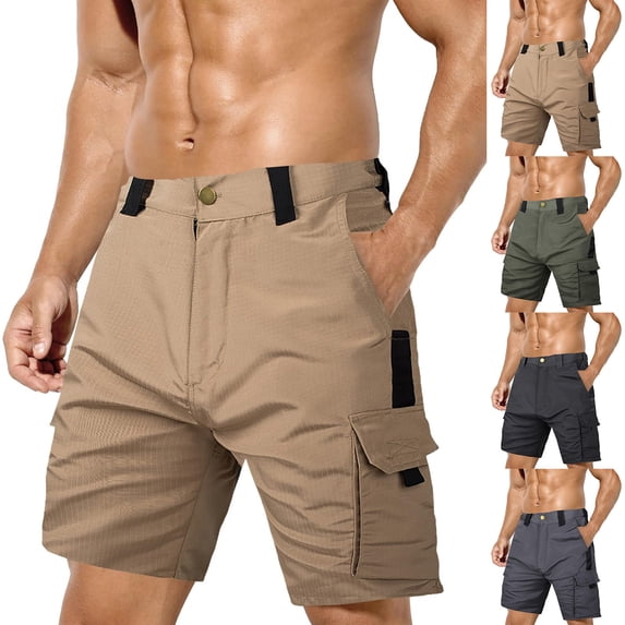 lcziwo Athletic Shorts for Men Multi Pockets Solid Color Knee Length Casual Drawstring Beach Shorts Hiking Fishing Work Shorts Khaki XL