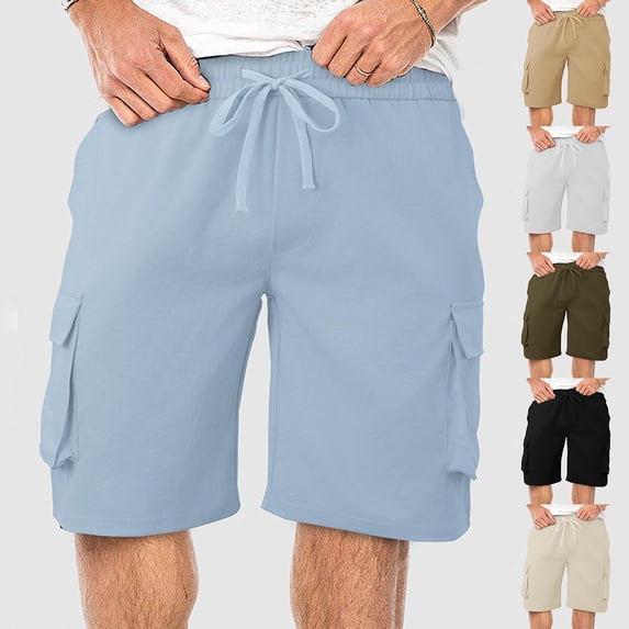 lcziwo Athletic Shorts for Men with Multi Zipper Pockets Solid Color Knee Length Casual Cargo Shorts Hiking Fishing Work Shorts White XL