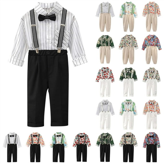 lcziwo Baby Boys 2 Piece Gentleman Suit Outfits Little Kids Toddler Bowtie Floral Shirts and Suspenders Trousers Matching Sets, White, 2 Years