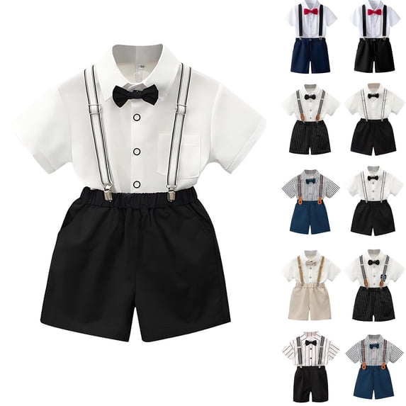 lcziwo Baby Boys Formal Suit Set Short Sleeve Dress Shirts with Bowtie Matching Suspender Short Pants Gentleman Outfits, Black, 140