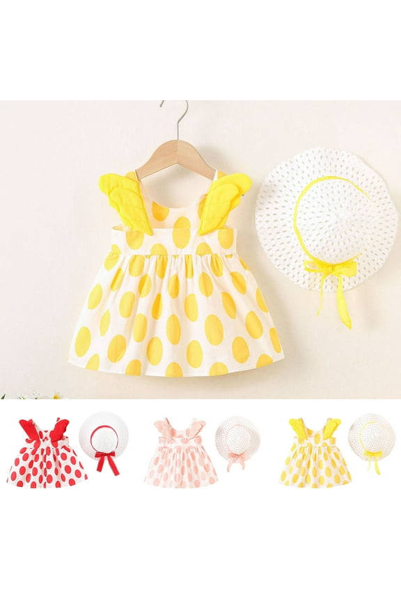 lcziwo Baby Girls Clothes Newborn Infant Dress 2 Piece Set Polka Dot Sundress with Sunhat Yellow 12 Months