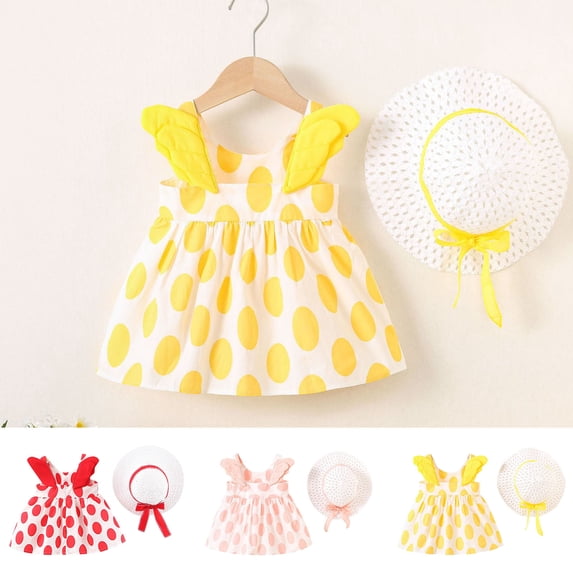 lcziwo Baby Girls Clothes Newborn Infant Dress 2 Piece Set Polka Dot Sundress with Sunhat Yellow 6 Months