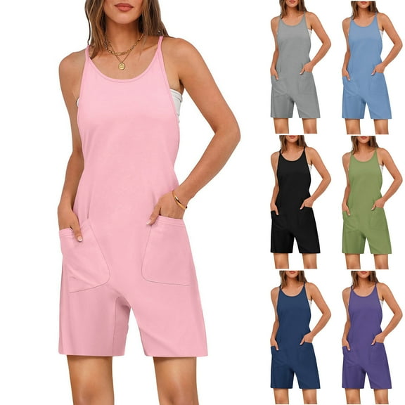 lcziwo Back to College Sales, Womens Summer Casual Sleeveless Rompers Loose Spaghetti Strap Overalls Shorts Jumpsuit with Pockets 2025 Beach Vacation Clothes Gray XL