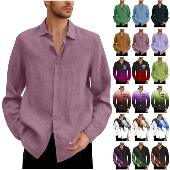 lcziwo Back to School Sales Big and Tall Shirts for Men 2025 Summer Cotton Linen Long Sleeve T Shirt Solid Casual Button Down Lapel Blouse Business Work Tops