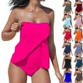 thumbnail image 1 of lcziwo Back to School Sales Womens Bathing Suit Two Pieces Ruffled Bandeau Tankini Tops and Bikini Bottoms Solid Color Swimsuits Summer Beach Outfits Red XXXL, 1 of 6