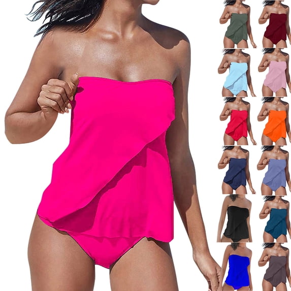 lcziwo Back to School Sales Womens Bathing Suit Two Pieces Ruffled Bandeau Tankini Tops and Bikini Bottoms Solid Color Swimsuits Summer Beach Outfits Red XXXL