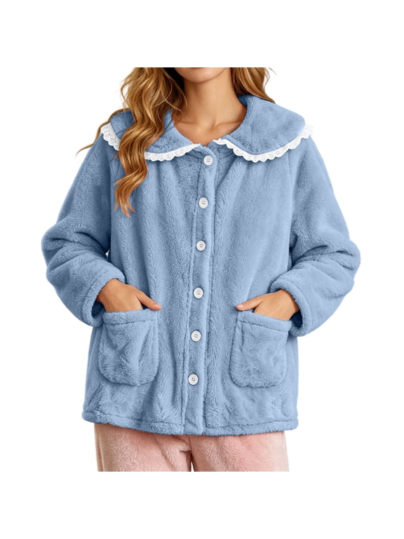 Bed Jacket for Ladies Lace Trim Peter Pan Collar Fleece House Coat 2026 Button Winter Soft Fuzzy Pajamas Top with Pocket Blue,XXL
