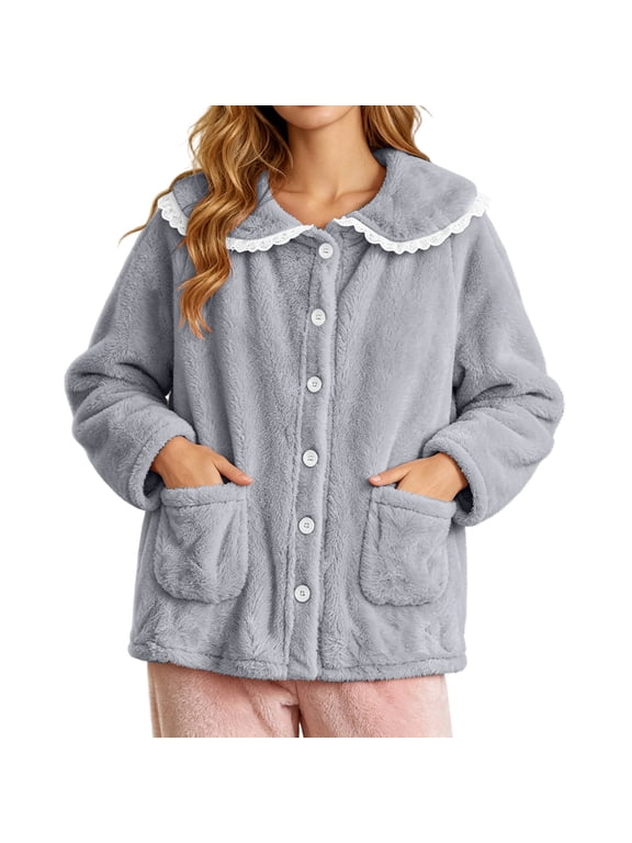 Bed Jacket for Women Soft Lace Trim Peter Pan Collar Fleece Jackets House Coat Button down Fuzzy Pajamas Tops with Pocket Gray,S