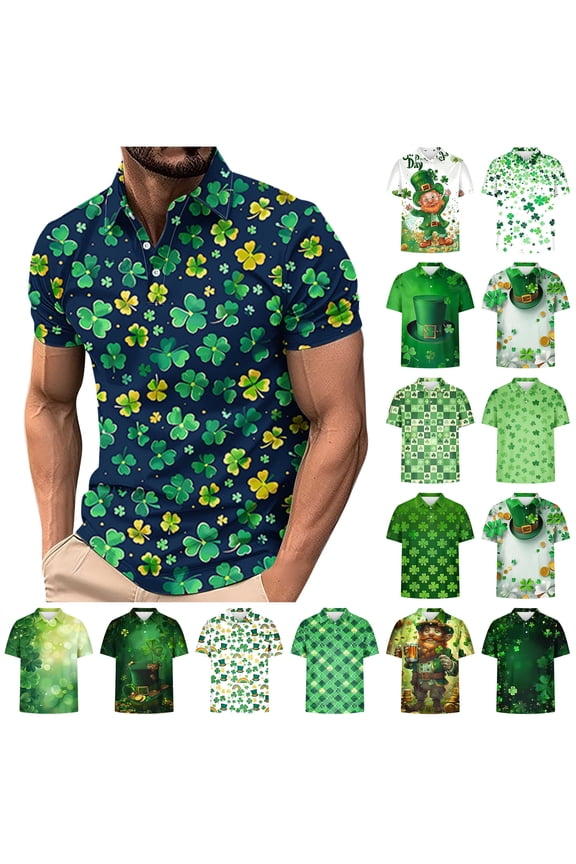 Multicolor Big and Tall Shirts for Men St Patricks Day Clover Graphic Print Polos Shirts Summer Short Sleeve Button Lapel Work Tops L