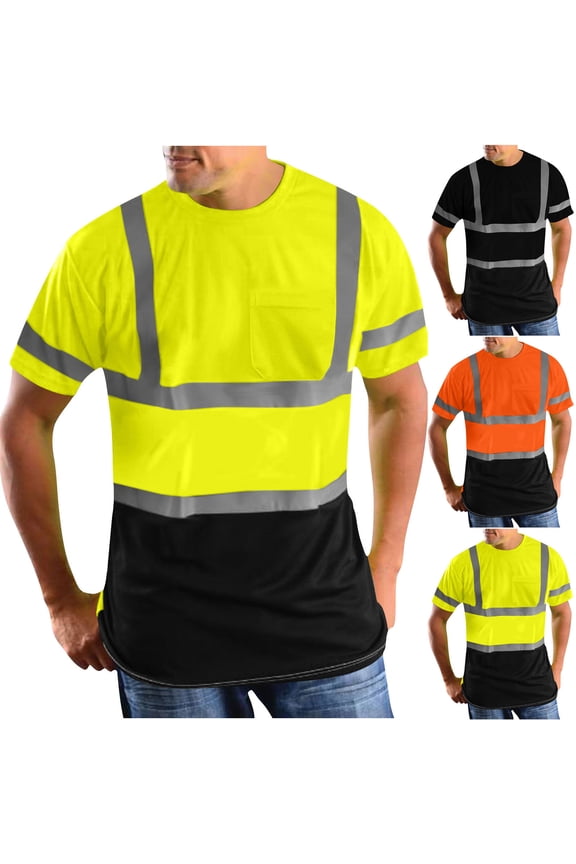 Black Men's Reflective Stripe Work Tops Casual Crew Neck Short Sleeve Tees Shirts Quick Dry Breathable Safety Tshirts with Chest Pocket XL