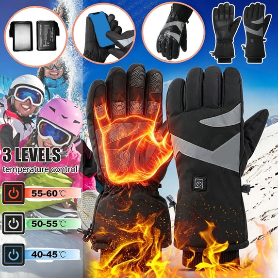 lcziwo Black Unisex Winter Waterproof Heated Gloves for Cycling, Motorcycle, Hiking, Snowboarding Heating Glove with Touchscreen Function