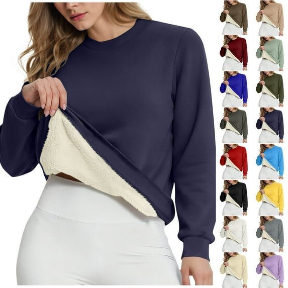 lcziwo Blue Sherpa Fleece Sweatshirts for Women Warm Casual Crewneck Oversized Pullover Solid Color Long Sleeve Sweaters Tops L