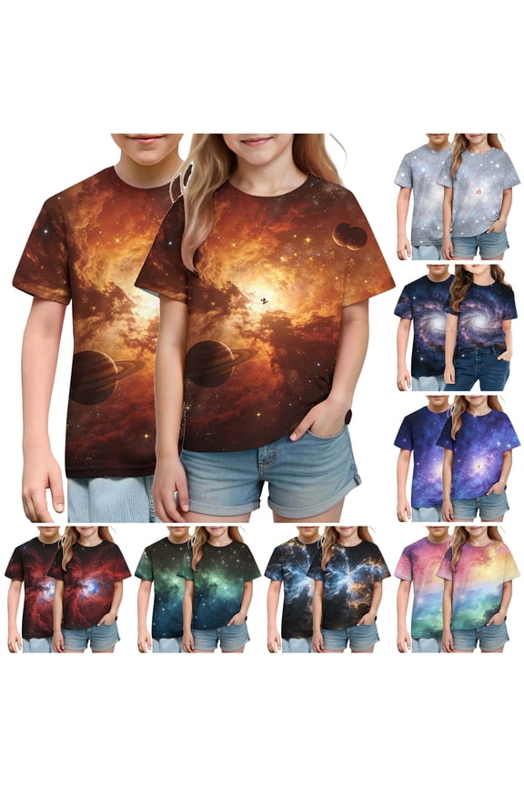 Boys Girls Galaxy Space Graphic Tees Shirts Short Sleeve Round Neck Blouse Cotton Moisture Wicking Summer Tops Multicolor