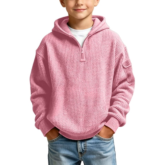 lcziwo Boys Half Zip Hoodies Waffle Knit Long Sleeve Pullover Solid Color Sweatshirts with Pockets Trendy Winter Hoodie 2026 Pink,13-14 Years