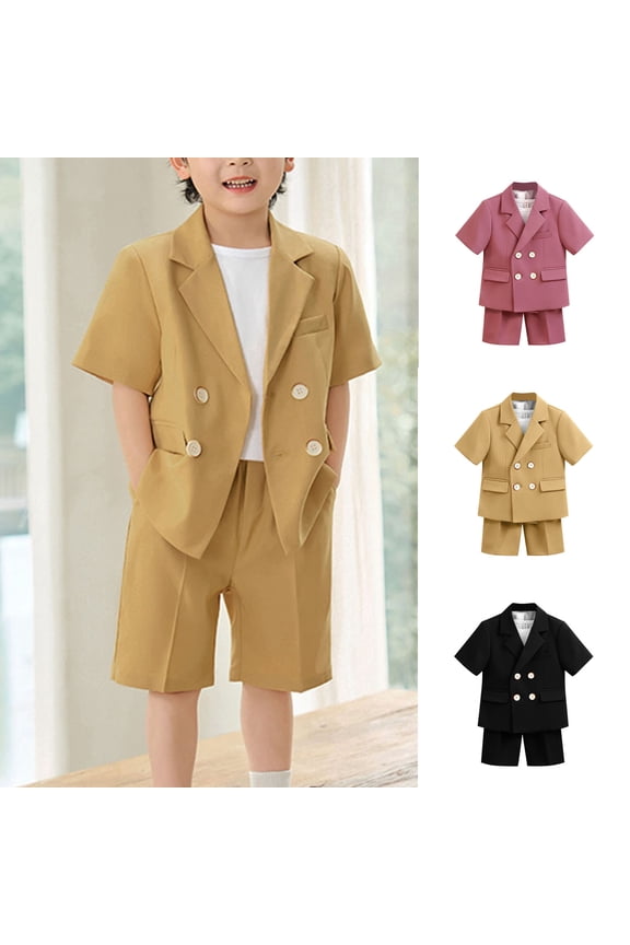 Boys Suit Short Sets for Boy 2 Piece Casual Outfits Kids Summer Short Sleeve Blazer and Shorts Beach Wedding Suit Sets Yellow 2-3 Years
