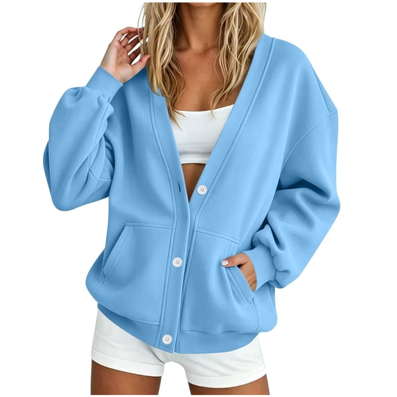 lcziwo Button Down Cardigan Sweatshirts for Women V Neck Jackets with Pockets Oversized Drop Shoulder Winter Sweatshirt 2026 Light Blue,L