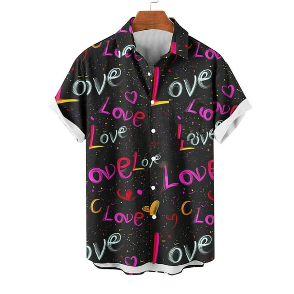 lcziwo Button Down Shirts for Men Trendy Love Graphic Short Sleeve Valentine's Day Shirt Loose Fit Summer Vacation Hawaiian Beach Shirt Clearance Sale Pink L