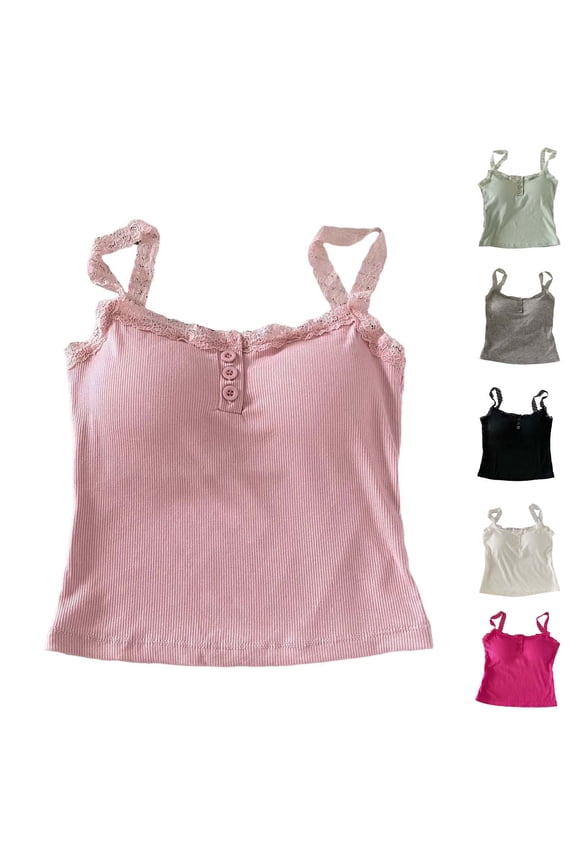 Cami Top for Women Cotton Lace Trim Built in Bra Halter Tank Tops Summer Solid Color Casual Comfy Round Neck Blouse Black Free Size