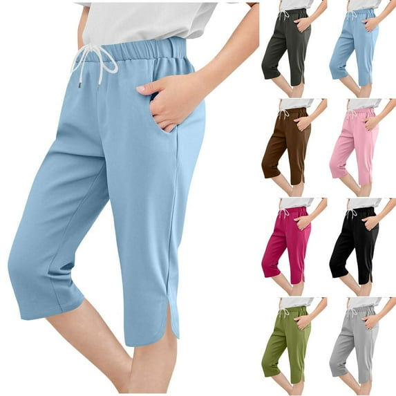 lcziwo Capri Pants for Girls Solid Color Elastic Waist Drawstring Workout Yoga Leggings Casual Slits Summer Capris with Pockets Pink Mens Gifts
