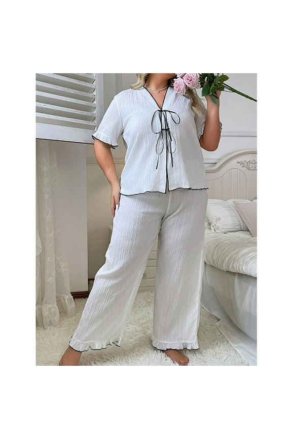 Casual 2 Piece Outfit for Women Plus Size Loose Pajama Set Solid Color Ruffle Short Sleeve Cardigan and Pants Pajamas White XL