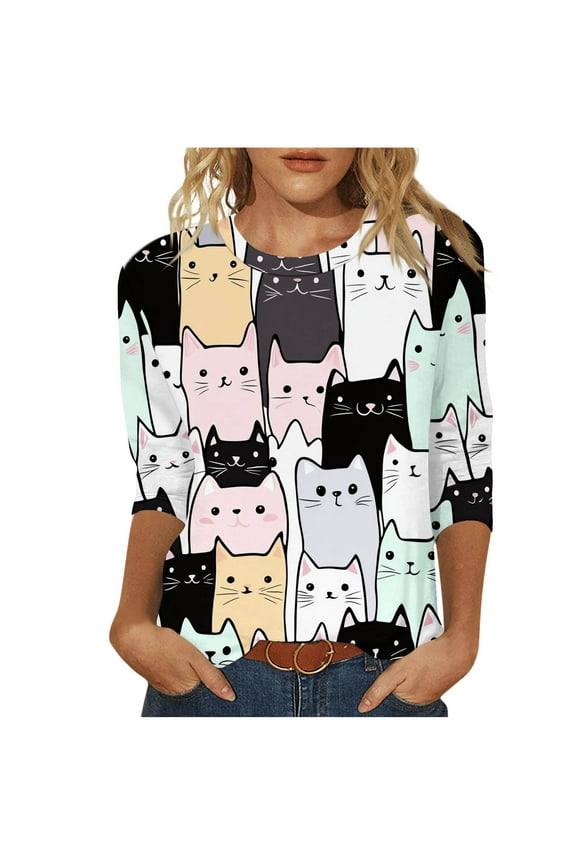 Cat Graphic Tops for Women Funny Print 3/4 Length Sleeve Shirts Casual Fashion Spring Summer Tops Loose Soft Cute T Shirt 2025 White,XL
