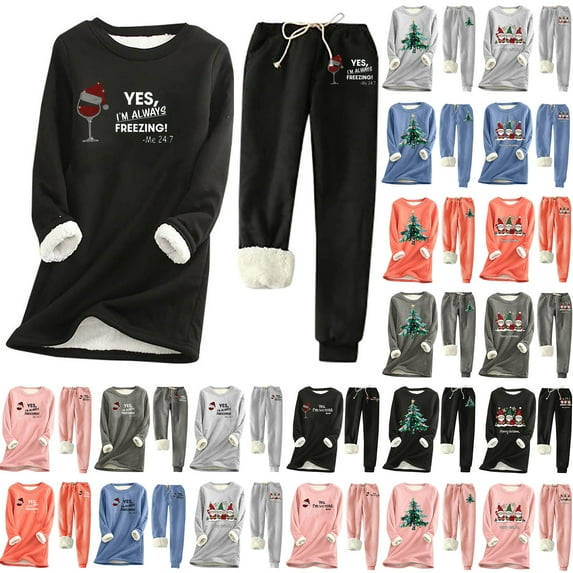 lcziwo Christmas 2 Piece Outfits for Women Fleece Lined Sweatsuits Cute Graphic Long Sleeve Pullover and Sweatpants Winter Warm Tracksuit, Pink, XL