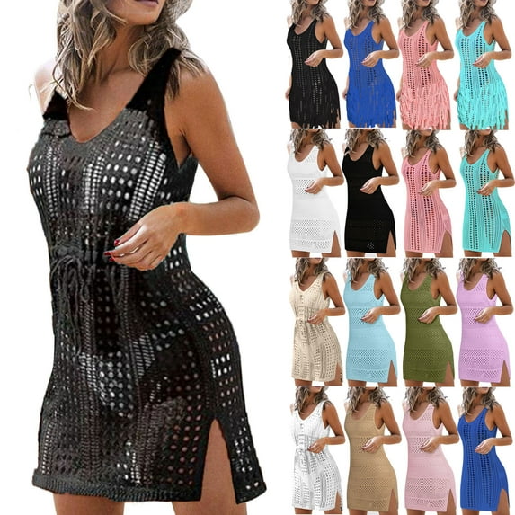 lcziwo Vacation Sales Women's Crochet Beach Dresses Tie Waist Coverup Swimsuit Casual Sleeveless Hollow Out Bathing Suit Summer Slit Side Cover Ups Swimwear White XL