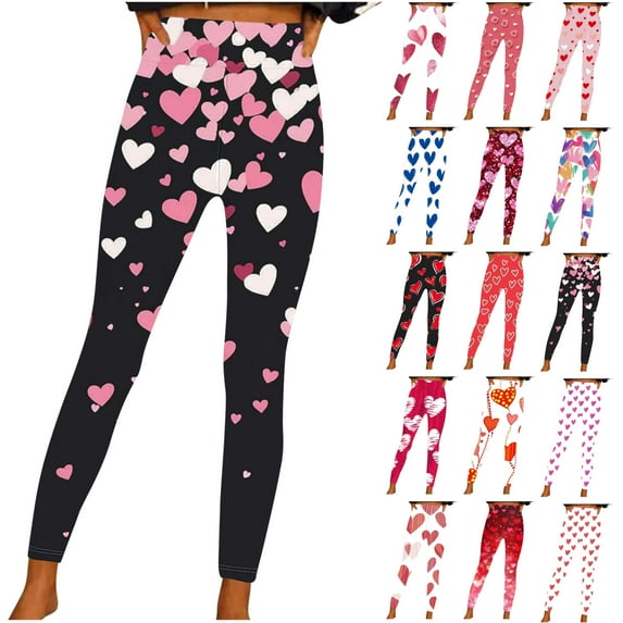 lcziwo Christmas Sales Clearance, Women's Valentine Day Leggings Fashion Heart Graphic Printed Legging Tights Milk Silk Soft High Waist Workout Pants Pink L